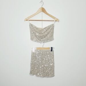 Monteau Los Angeles NEW Sparkle 2pc Mini Skirt Built In Shorts Strapless Tub Top